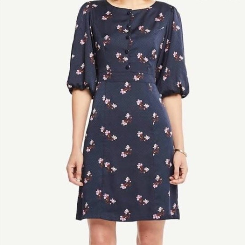Ann Taylor Floral Polka Dots Dark Navy Blue Dress Size 2